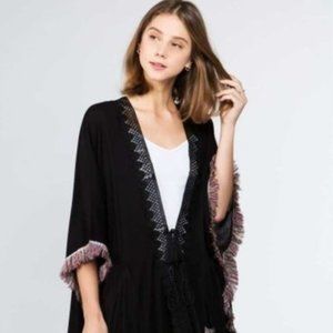 Women Relaxed Fit Black Tribe Boho Kimono Multicolored Fringe Tassels Free Size